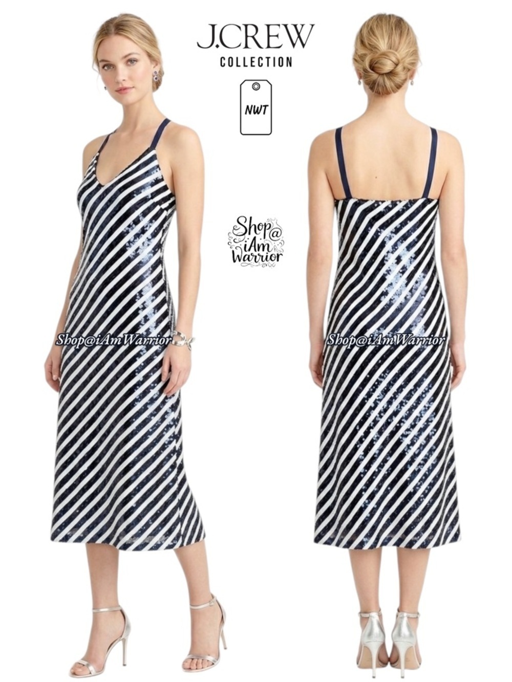 J.Crew NWT sapphire diagonal stripe ribbon strap slip midi dress shop@iamwarrior